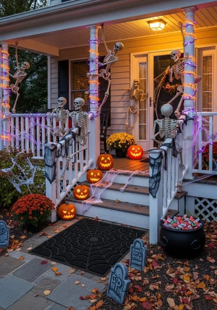 Halloween porch with orange and purple lights, skeletons, spider webs and tombstones, installed by LitUp Vancouver